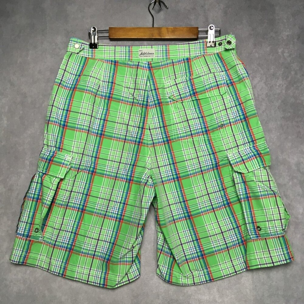 Polo RL Mens Plaid Swim Cargo Shorts size 34 Green Drawstring Cotton Nylon - Picture 2 of 16